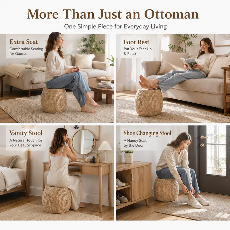 Round Natural Straw Pouf Ottoman Boho