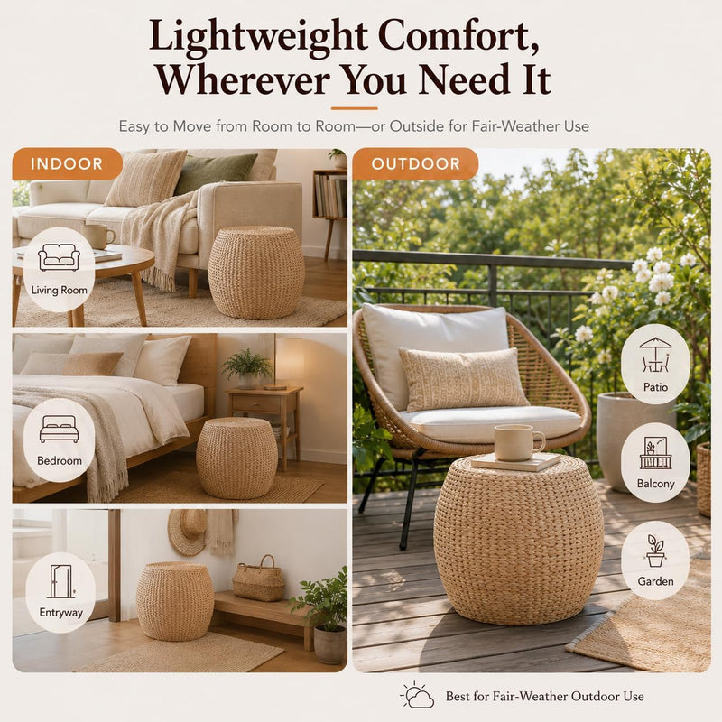 Round Natural Straw Pouf Ottoman Boho