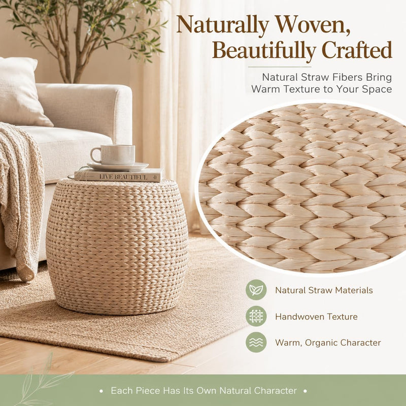 Round Natural Straw Pouf Ottoman Boho