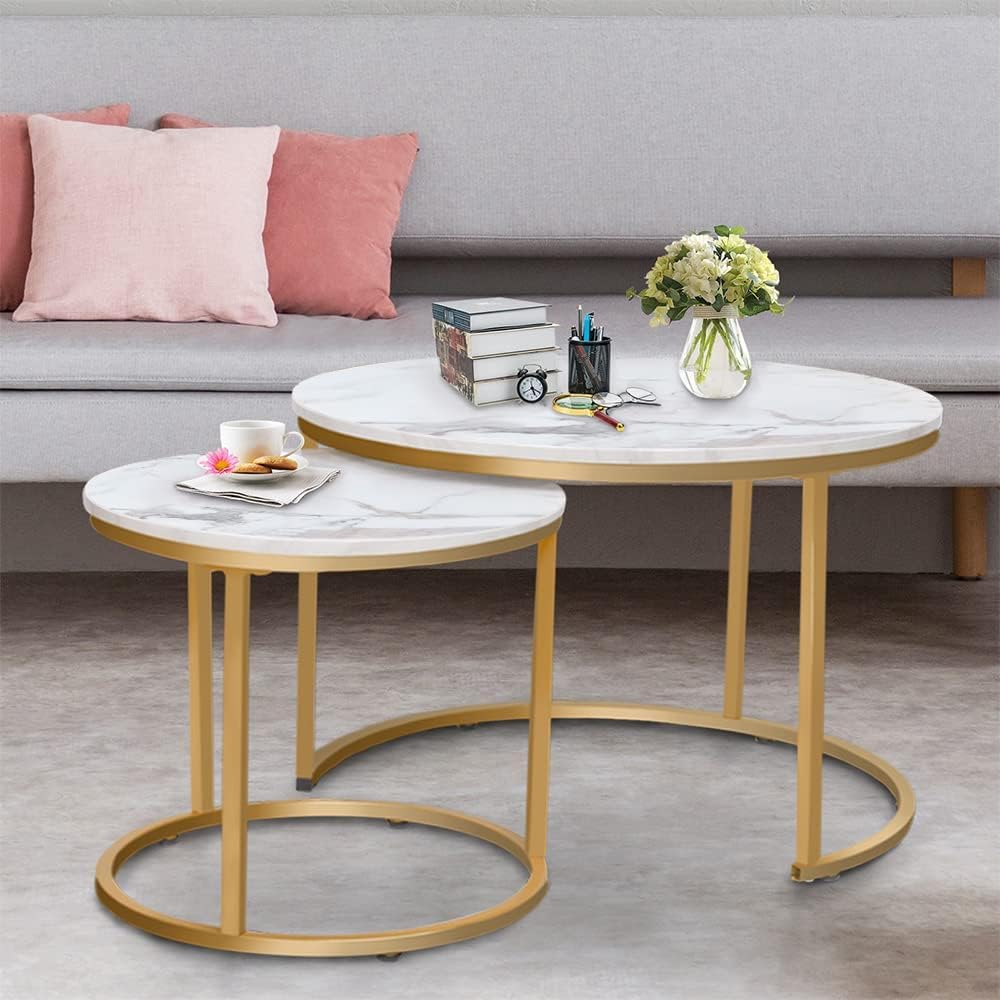 Round Nesting Coffee Table for Living Room Marble (Set of 2)