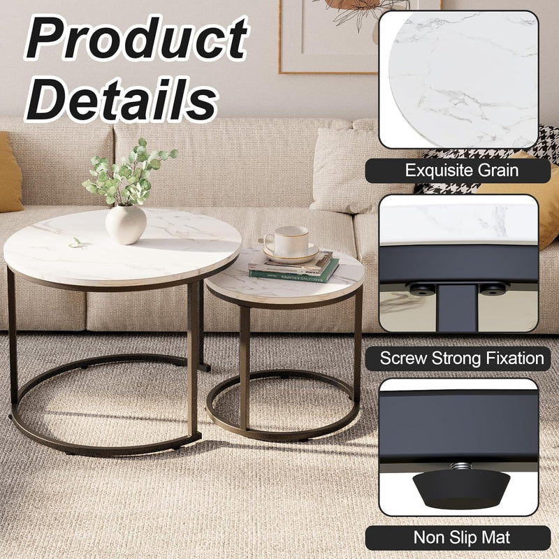 Round Nesting Coffee Table for Living Room Marble (Set of 2)