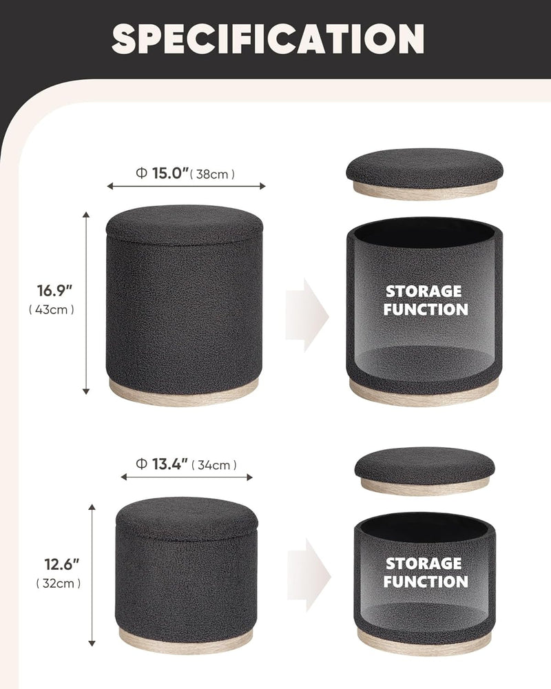 Round Ottoman with Storage Makeup Vanity Stool Chair (Set of 2)