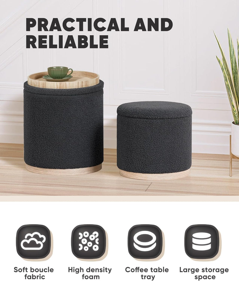 Round Ottoman with Storage Makeup Vanity Stool Chair (Set of 2)