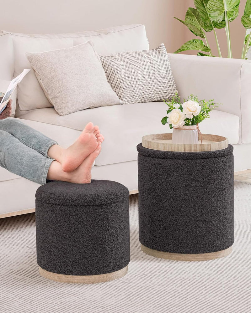 Round Ottoman with Storage Makeup Vanity Stool Chair (Set of 2)