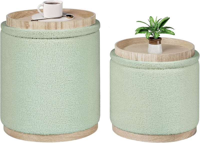 Round Ottoman with Tray Vanity Stool Storage Chenille (Set of 2)