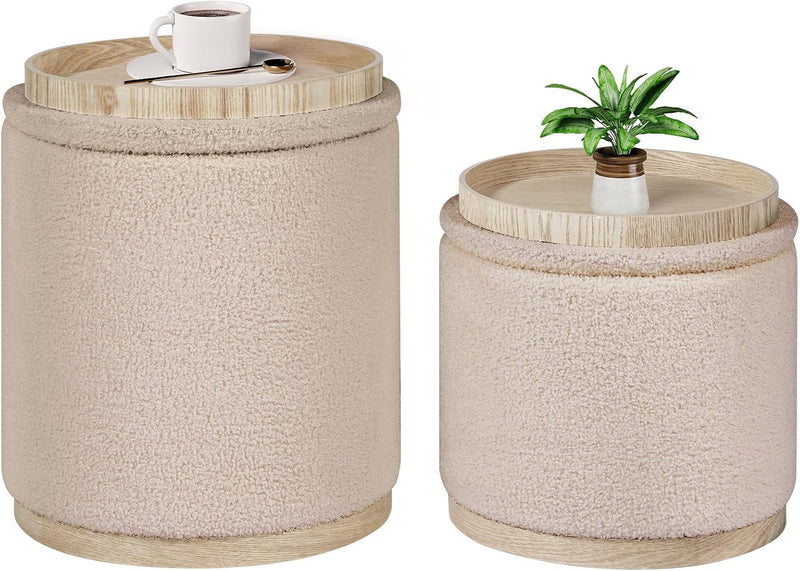 Round Ottoman with Tray Vanity Stool Storage Chenille (Set of 2)