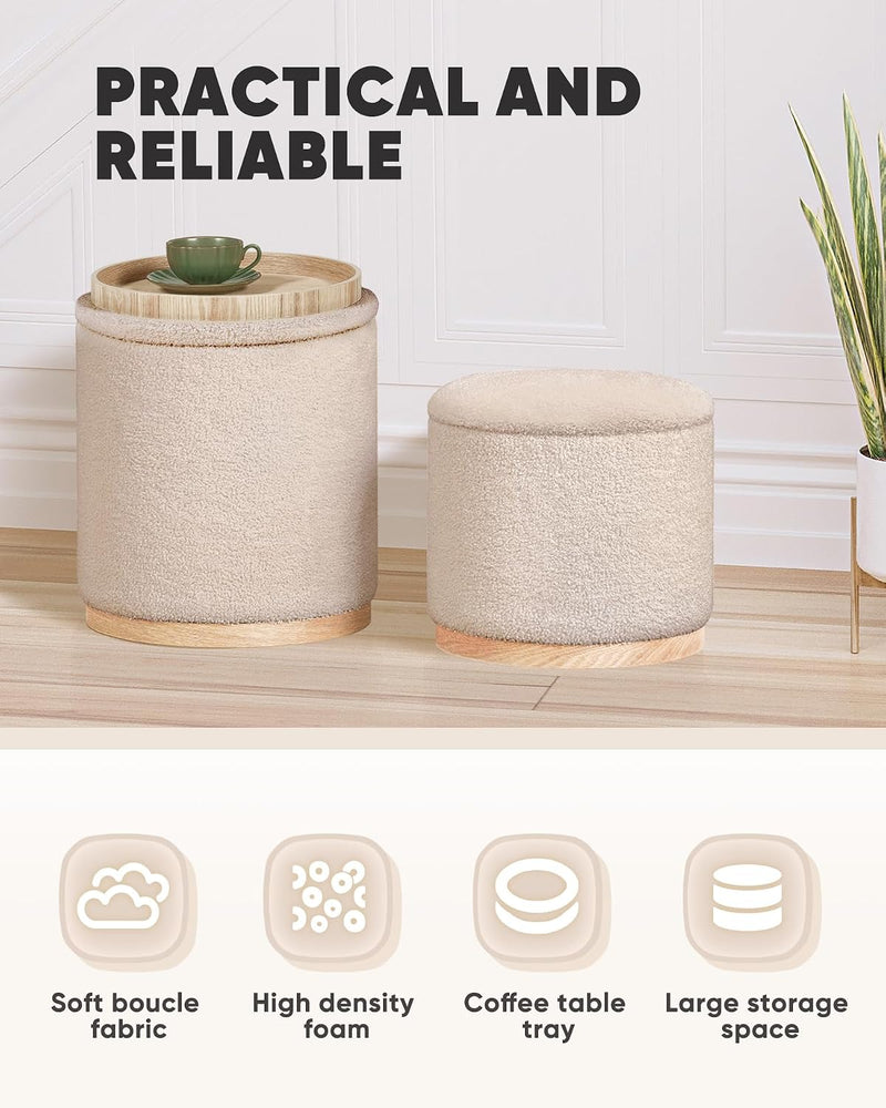 Round Ottoman with Tray Vanity Stool Storage Chenille (Set of 2)