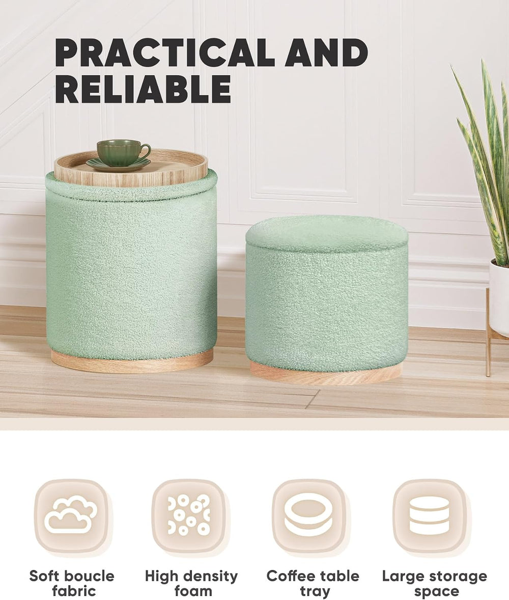 Round Ottoman with Tray Vanity Stool Storage Chenille (Set of 2)