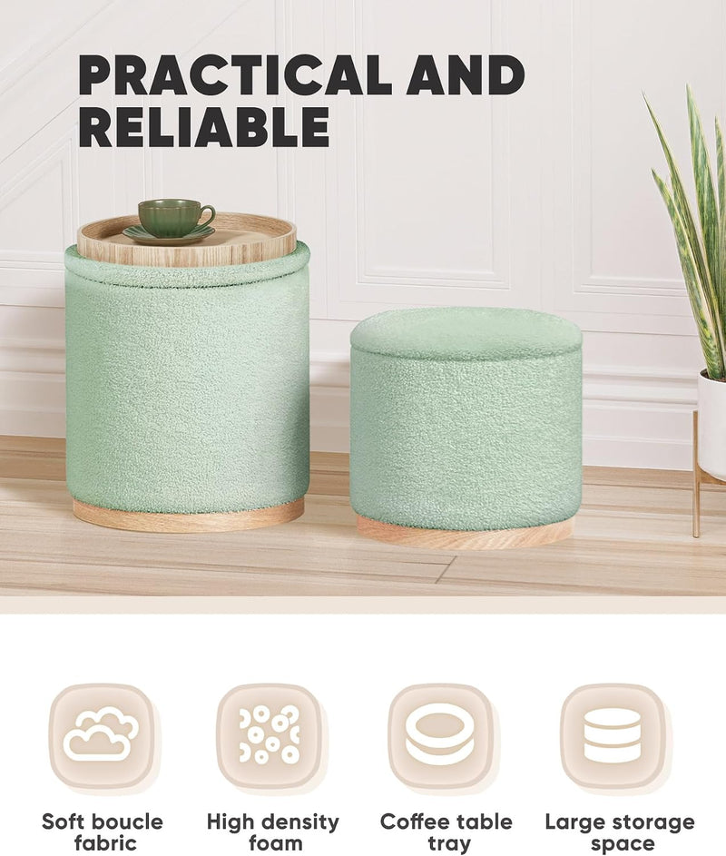 Round Ottoman with Tray Vanity Stool Storage Chenille (Set of 2)