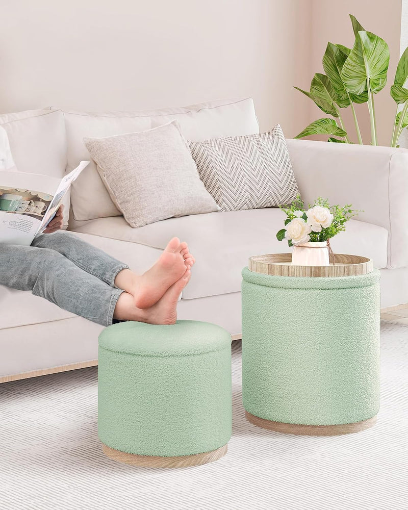 Round Ottoman with Tray Vanity Stool Storage Chenille (Set of 2)