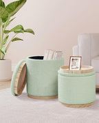 Round Ottoman with Tray Vanity Stool Storage Chenille (Set of 2)