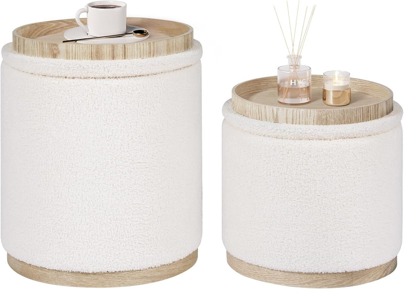 Round Ottoman with Tray Vanity Stool Storage (Set of 2)