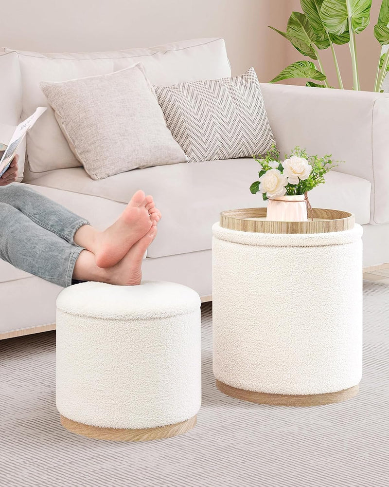 Round Ottoman with Tray Vanity Stool Storage (Set of 2)