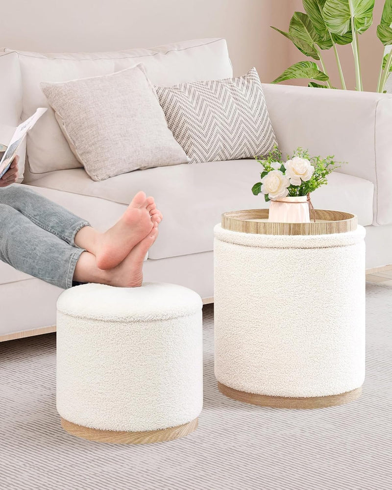 Round Ottoman with Tray Vanity Stool Storage (Set of 2)