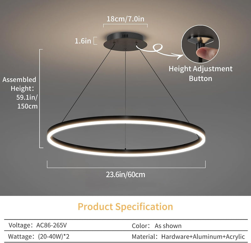 Round Pendant Light Brightness Adjustable 10%-100% 3000K (3Pack)