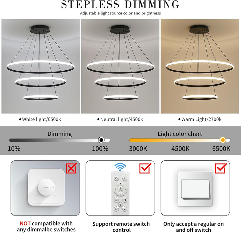 Round Pendant Light Brightness Adjustable 10%-100% 3000K (3Pack)