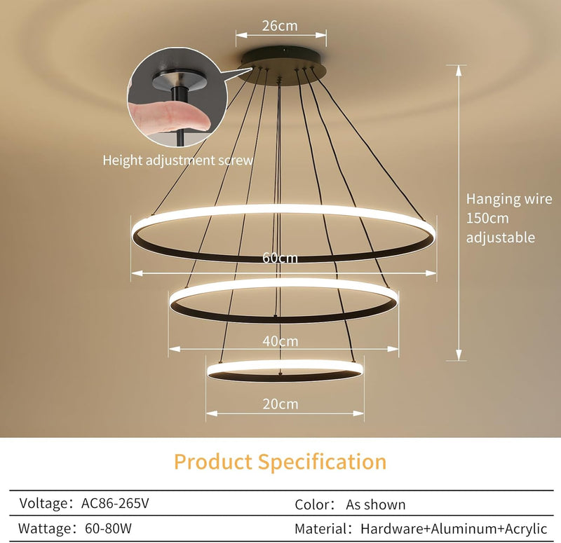 Round Pendant Light Brightness Adjustable 10%-100% 3000K (3Pack)