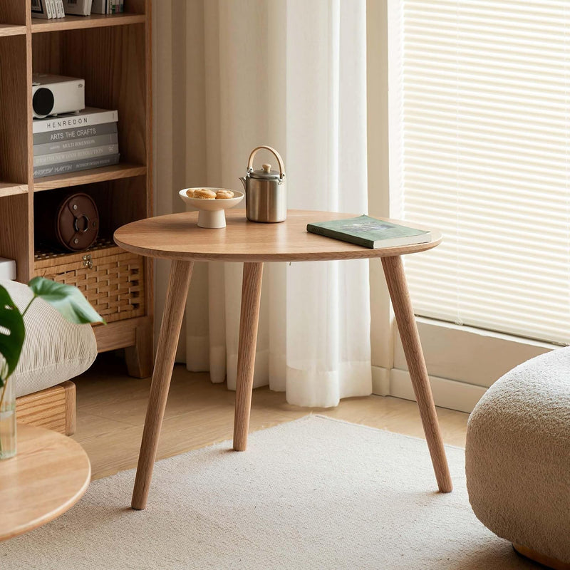 Round Side Table Coffee with Solid Wood Legs