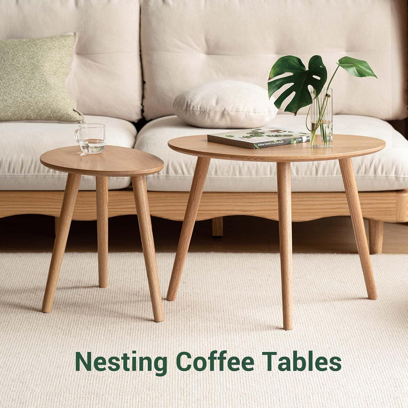 Round Side Table Coffee with Solid Wood Legs