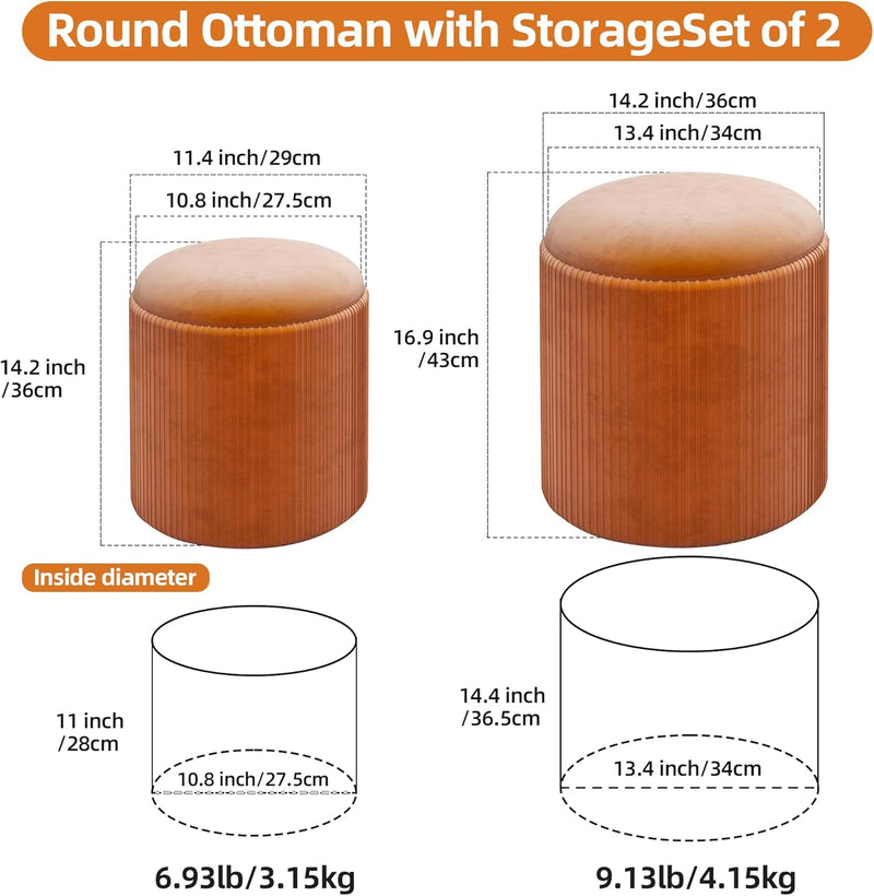 Round Storage Ottoman Stools Velvet Vanity Foot (Set of 2)