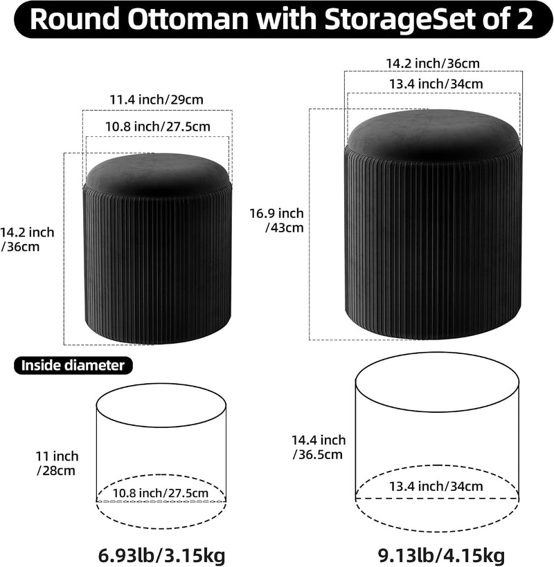 Round Storage Ottoman Stools Velvet Vanity Foot (Set of 2)