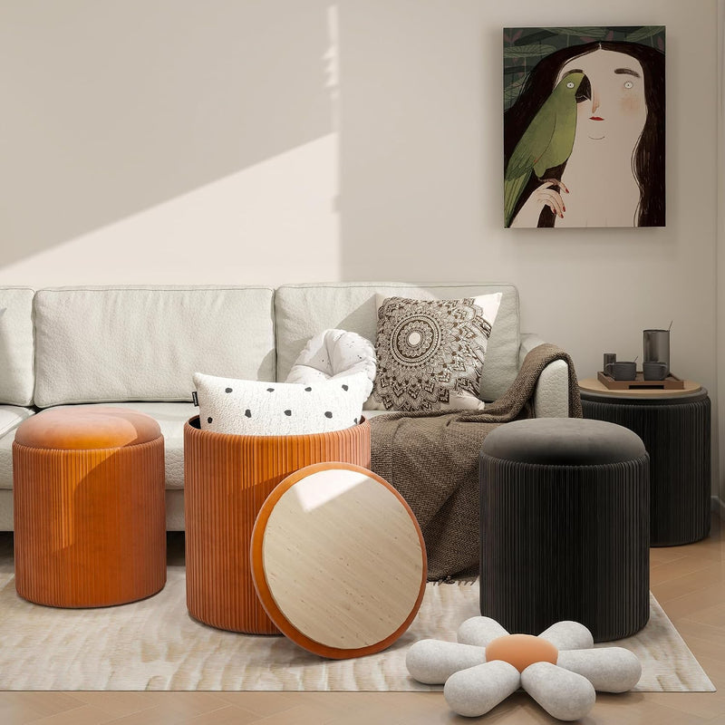 Round Storage Ottoman Stools Velvet Vanity Foot (Set of 2)