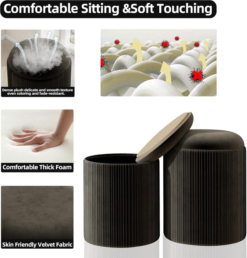 Round Storage Ottoman Stools Velvet Vanity Foot (Set of 2)