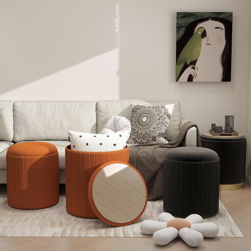Round Storage Ottoman Stools Velvet Vanity Foot (Set of 2)