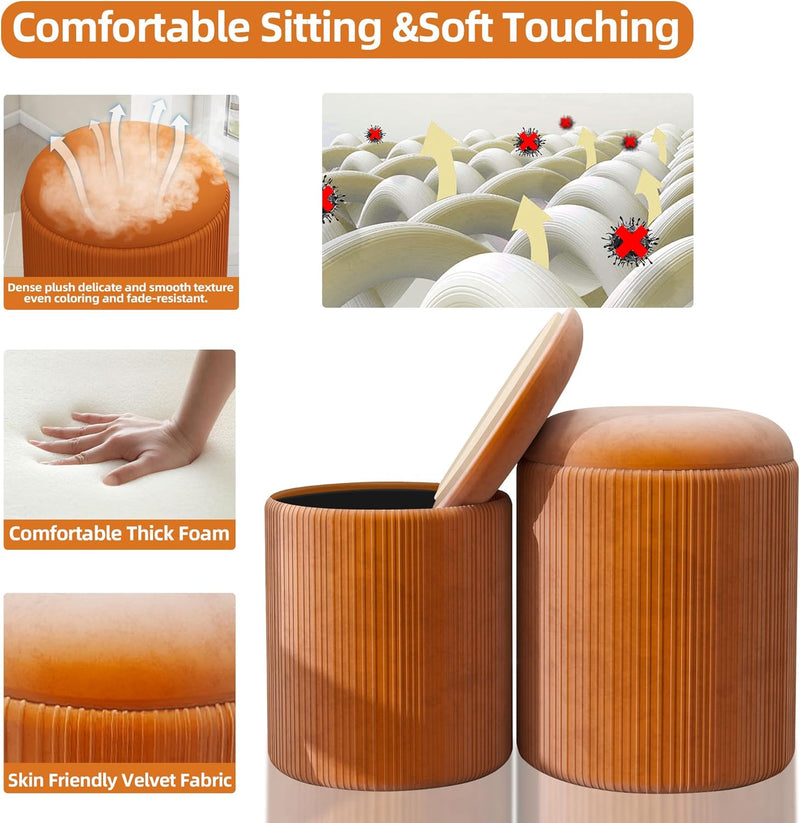 Round Storage Ottoman Stools Velvet Vanity Foot (Set of 2)