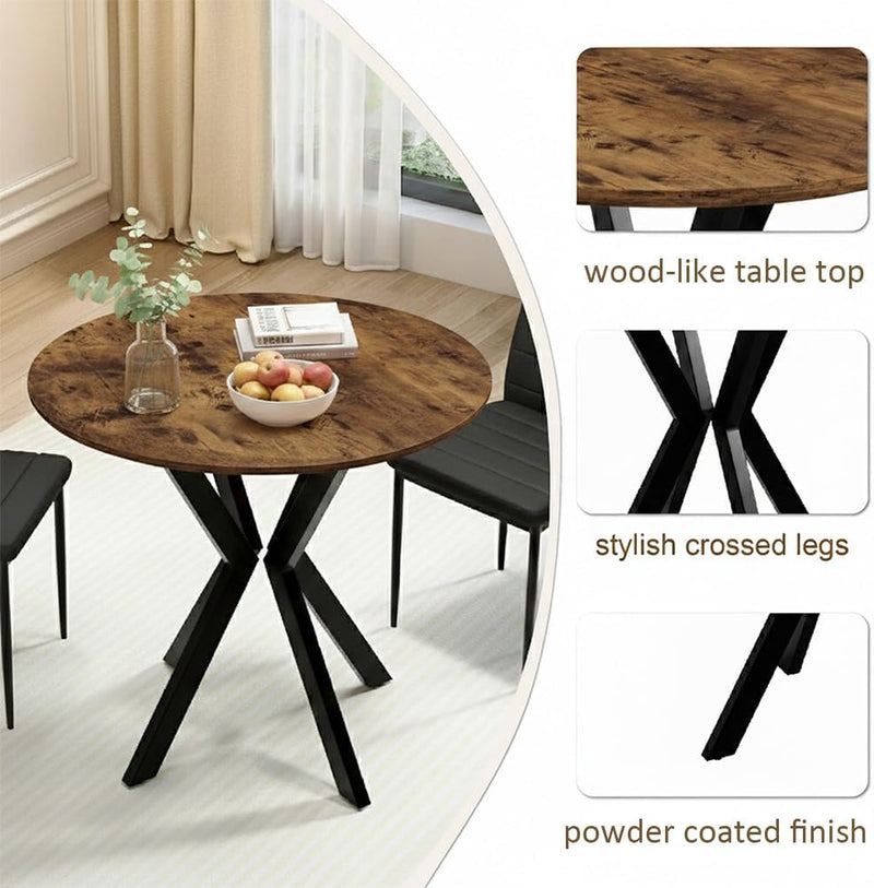 80CM Round Wooden Dining Table with Metal Legs