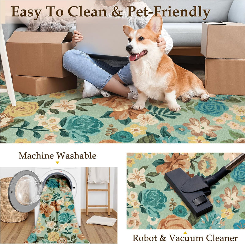Rugs Living Room Area Rug Floral Washable
