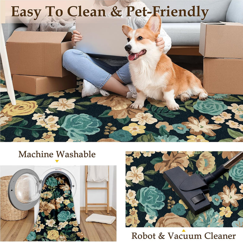 Rugs Living Room Area Rug Floral Washable
