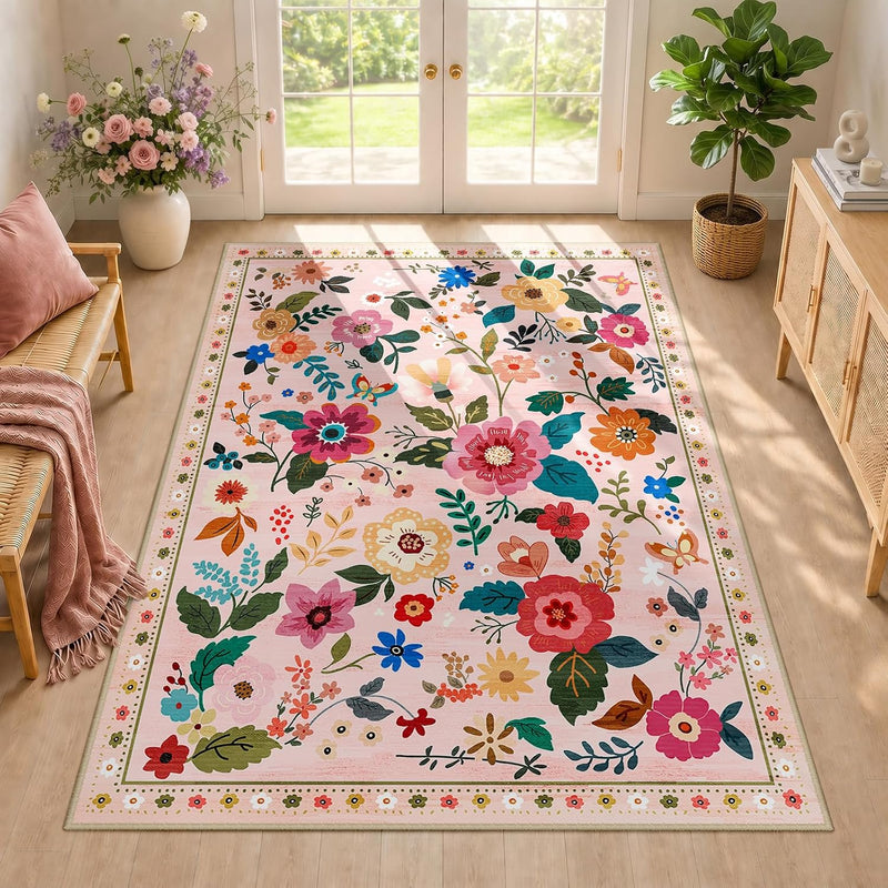 Rugs Living Room Machine Washable Floral Rug