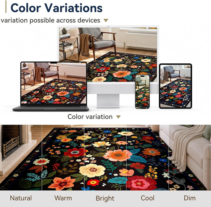 Rugs Living Room Machine Washable Floral Rug