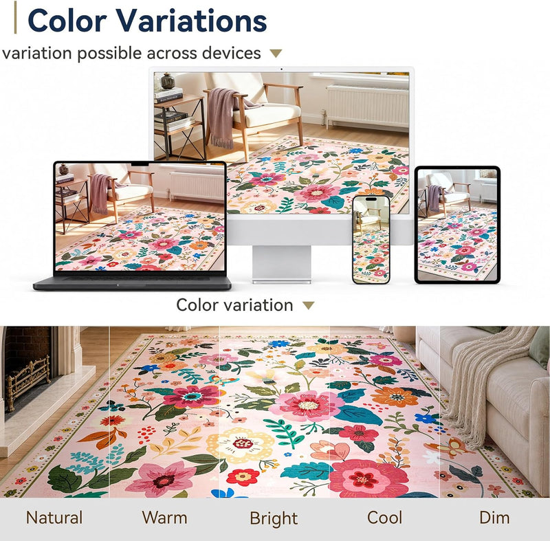 Rugs Living Room Machine Washable Floral Rug