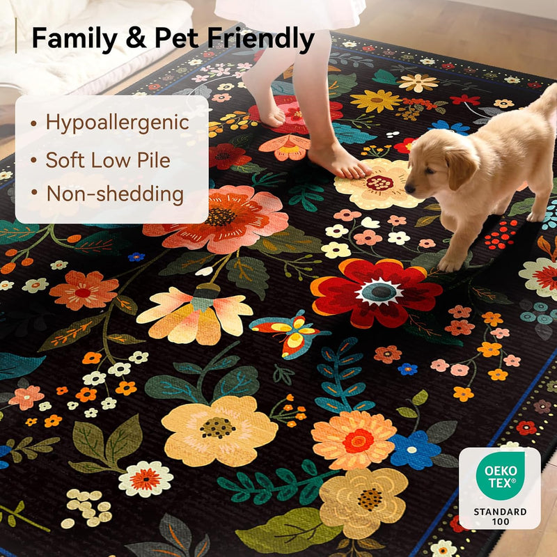 Rugs Living Room Machine Washable Floral Rug