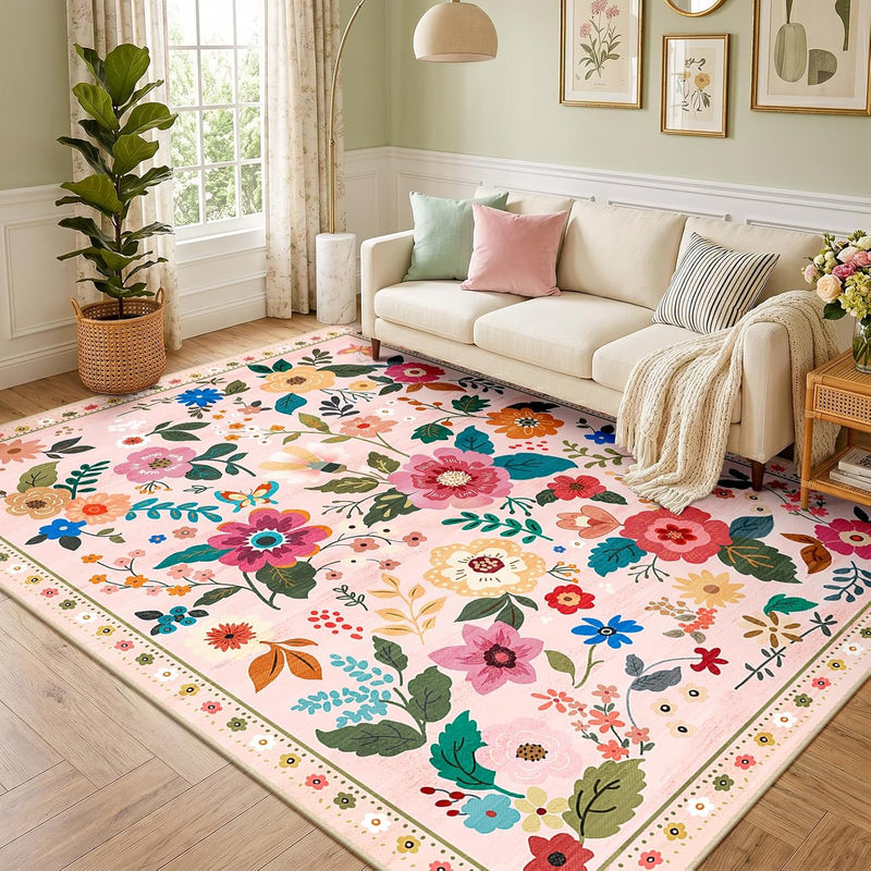 Rugs Living Room Machine Washable Floral Rug