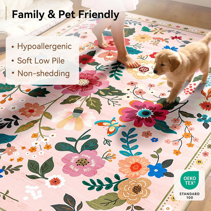 Rugs Living Room Machine Washable Floral Rug