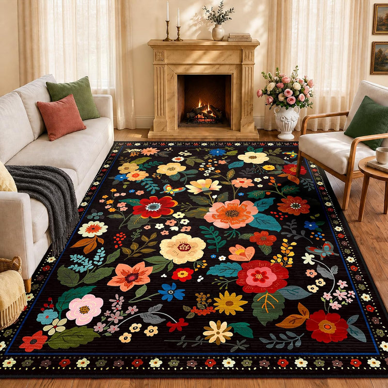 Rugs Living Room Machine Washable Floral Rug
