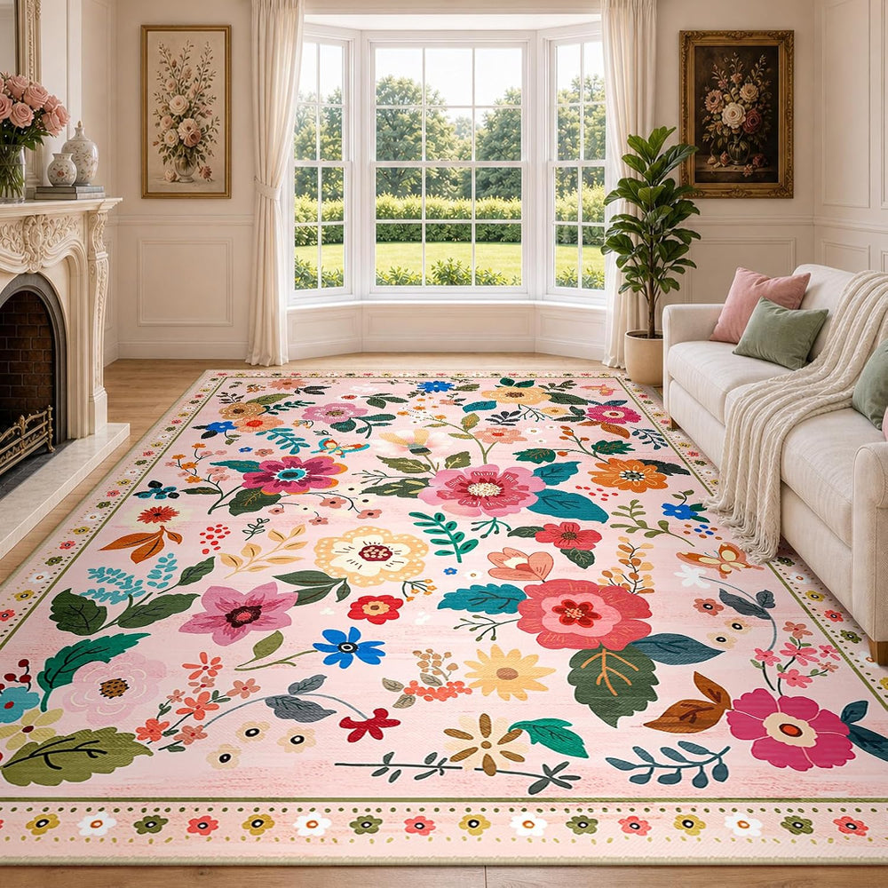 Rugs Living Room Machine Washable Floral Rug