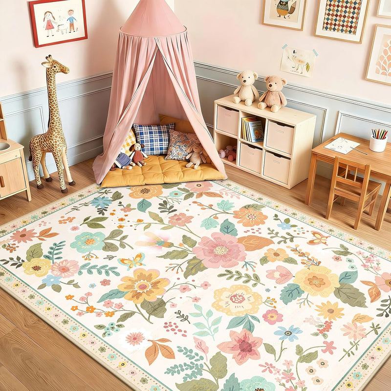 Rugs Living Room Machine Washable Floral Rug