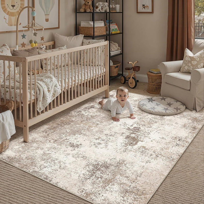 Rugs Living Room Washable Abstract Carpet Beigebrown