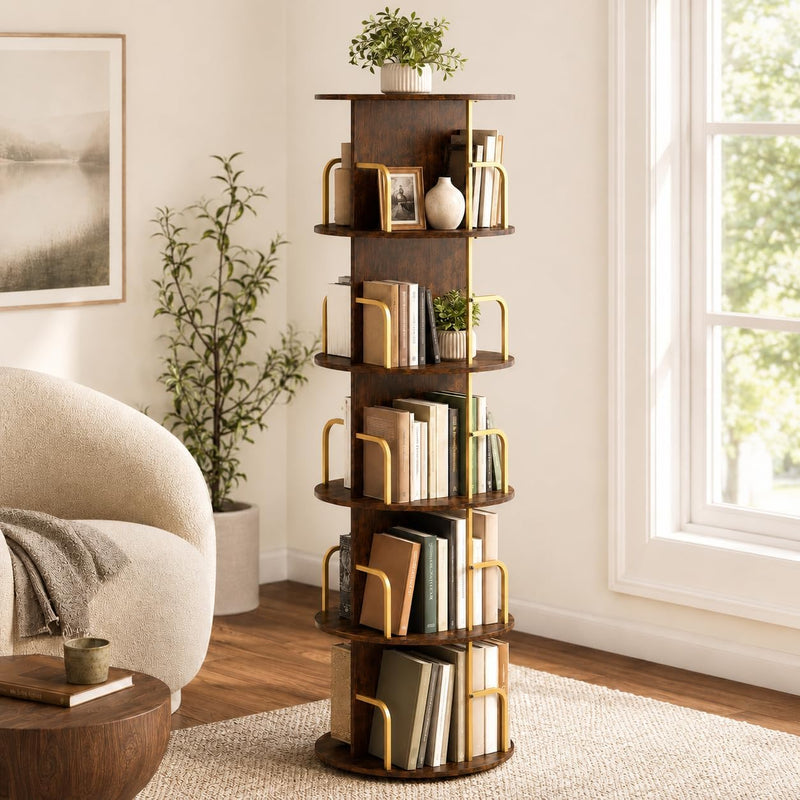 Rustic 4-Tier Rotating Kids Bookshelf Metal Frame E1-Grade