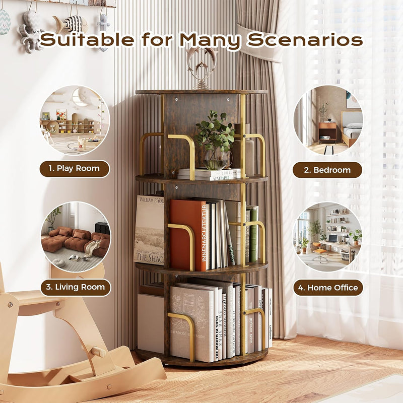 Rustic 4-Tier Rotating Kids Bookshelf Metal Frame E1-Grade