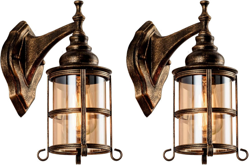 Rustic Amber Glass Wall Light 2-Pack Bronze Brushed