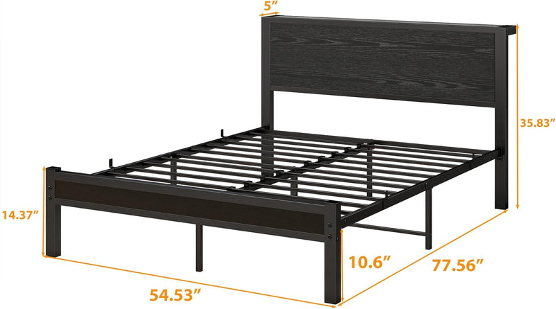 Rustic Bed Frame Storage Wooden Headboard Metal Platform
