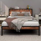 Rustic Bed Frame Storage Wooden Headboard Metal Platform