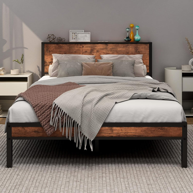 Rustic Bed Frame Storage Wooden Headboard Metal Platform