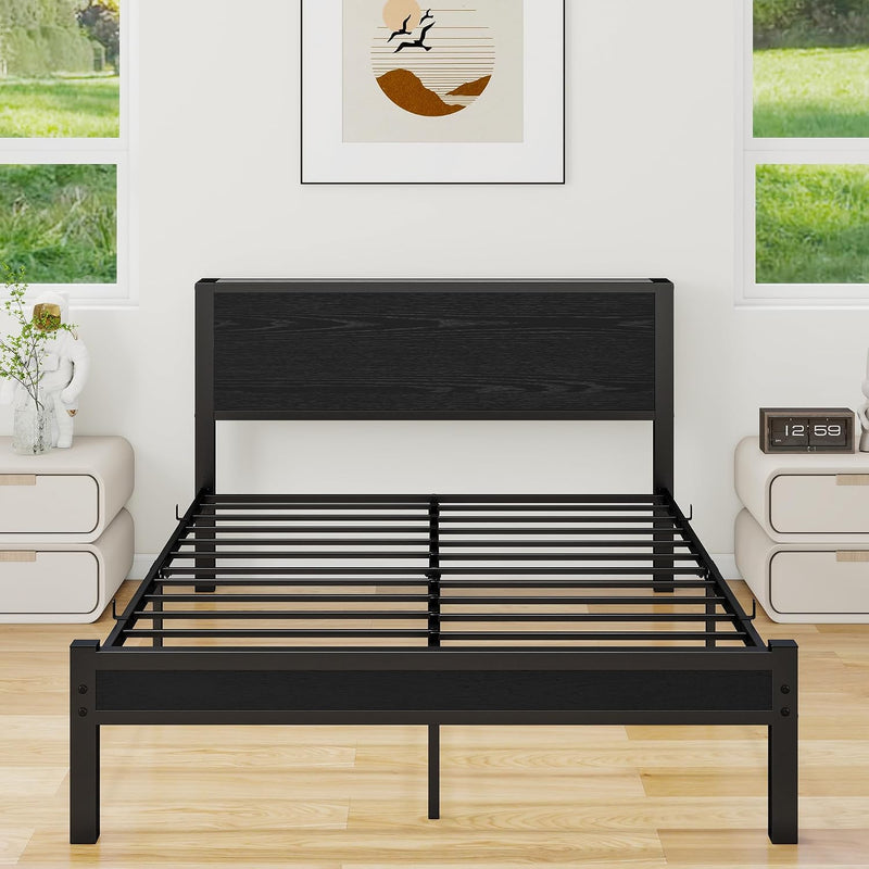 Rustic Bed Frame Storage Wooden Headboard Metal Platform