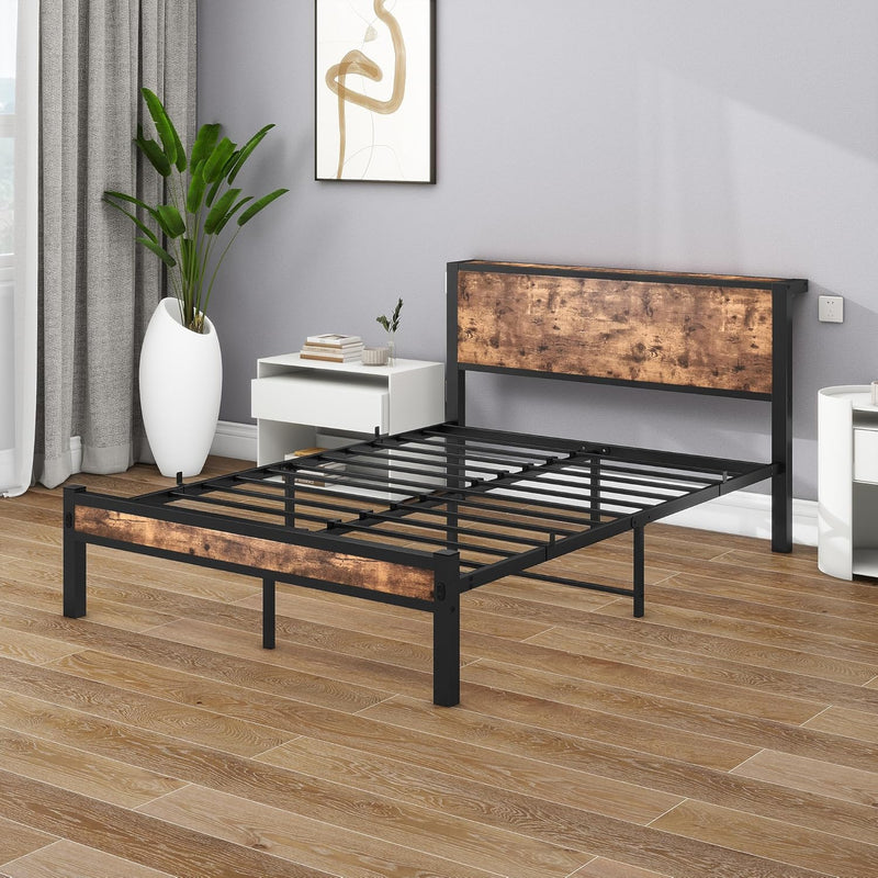 Rustic Bed Frame Storage Wooden Headboard Metal Platform